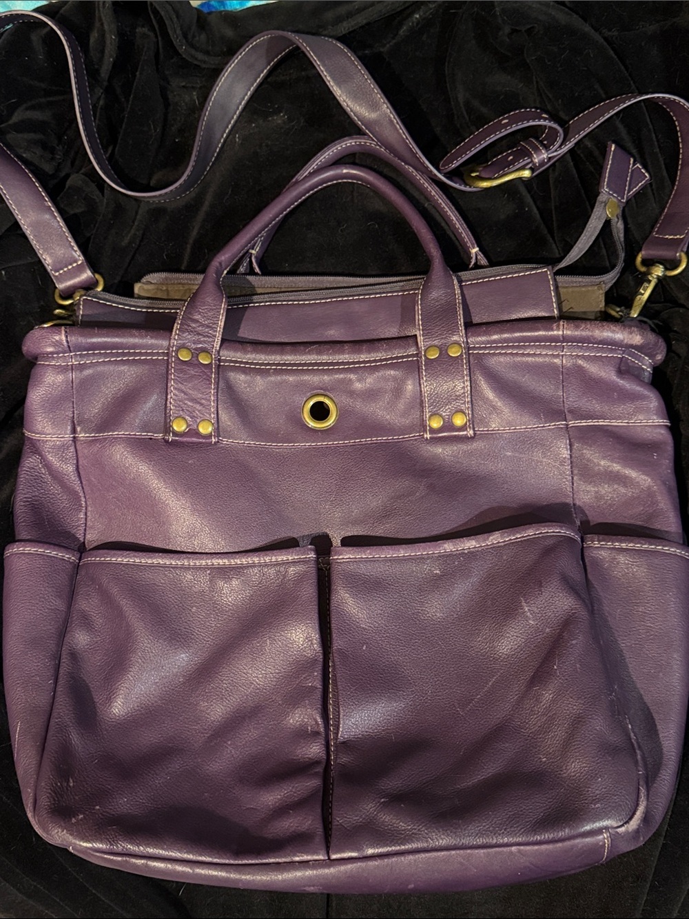 Levenger Leather Purple Tote with Dual Handles & Crossbody Strap